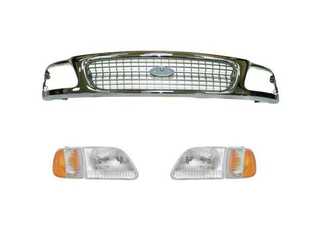 Upper Replacement Grille with Headlights; Chrome and Silver (97-98 F-150)