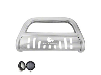 Bull Bar with Stainless Steel Skid Plate and 5.30-Inch Black Round Flood LED Lights; Stainless Steel (17-25 F-250 Super Duty)