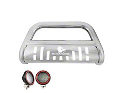 Bull Bar with Stainless Steel Skid Plate and 5.30-Inch Red Round Flood LED Lights; Stainless Steel (17-24 F-250 Super Duty)