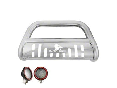 Bull Bar with Stainless Steel Skid Plate and 5.30-Inch Red Round Flood LED Lights; Stainless Steel (17-25 F-250 Super Duty)