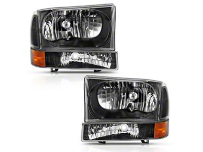 Crystal Headlights with Corner Lights; Black Housing; Clear Lens (99-04 F-250 Super Duty w/o Factory Sealed Beam Headlights)