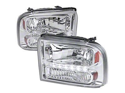 Crystal Headlights with SMD LED Light Strip; Chrome Housing; Clear Lens (05-07 F-250 Super Duty w/o Factory Sealed Beam Headlights)