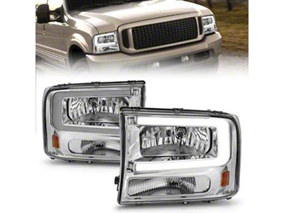 Crystal Plank Style Headlights; Chrome Housing; Clear Lens (99-04 F-250 Super Duty w/o Factory Sealed Beam Headlights)