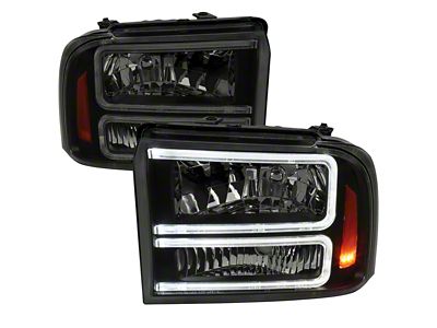 Dual LED C-Bar Factory Style Headlights; Matte Black Housing; Smoked Lens (05-07 F-250 Super Duty)