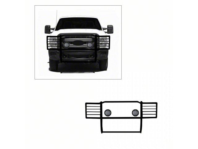 Grille Guard with 5.30-Inch Black Round Flood LED Lights; Black (11-16 F-250 Super Duty)