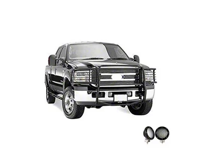 Grille Guard with 5.30-Inch Black Round LED Lights; Black (99-07 F-250 Super Duty)