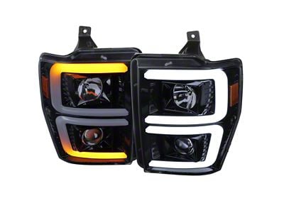 LED Sequential Turn Signal Bar Projector Headlights; Glossy Black Housing; Smoked Lens (08-10 F-250 Super Duty w/o Factory Sealed Beam Headlights)