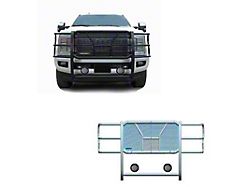 Rugged Heavy Duty Grille Guard with 5.30-Inch Black Round Flood LED Lights; Black (17-22 F-250 Super Duty)