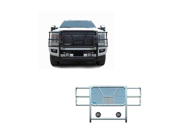 Rugged Heavy Duty Grille Guard with 5.30-Inch Black Round Flood LED Lights; Black (17-22 F-250 Super Duty)