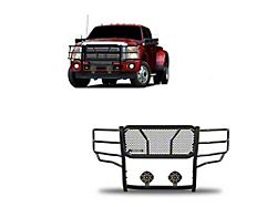 Rugged Heavy Duty Grille Guard with 7-Inch Black Round Flood LED Lights; Black (11-16 F-250 Super Duty)