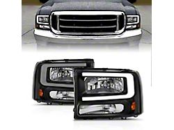 Crystal Plank Style Headlights; Black Housing; Clear Lens (99-04 F-350 Super Duty w/o Factory Sealed Beam Headlights)