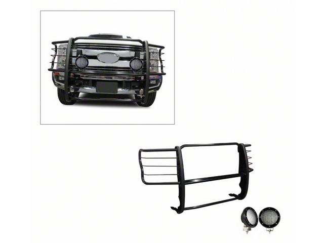 Grille Guard with 5.30-Inch Black Round Flood LED Lights; Black (17-22 F-350 Super Duty)