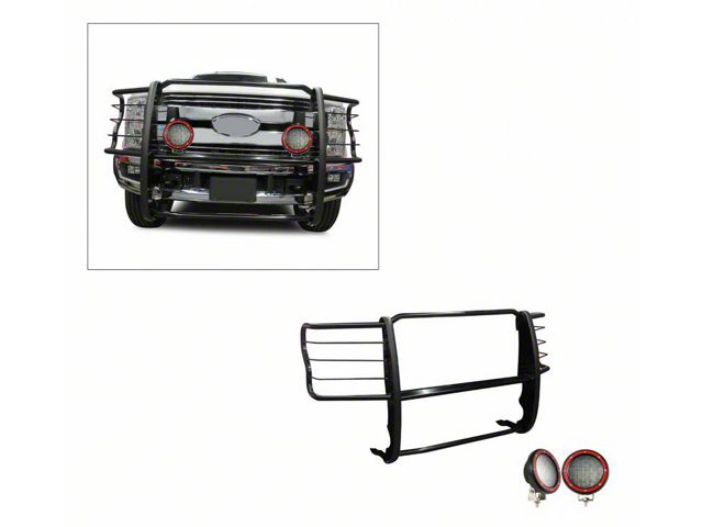 Grille Guard with 5.30-Inch Red Round Flood LED Lights; Black (17-22 F-350 Super Duty)