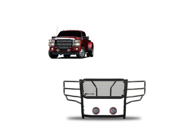 Rugged Heavy Duty Grille Guard with 5.30-Inch Red Round Flood LED Lights; Black (11-16 F-350 Super Duty)