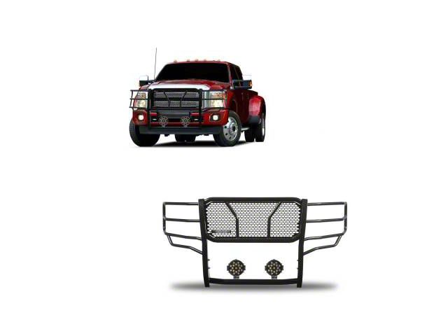 Rugged Heavy Duty Grille Guard with 7-Inch Black Round Flood LED Lights; Black (11-16 F-350 Super Duty)