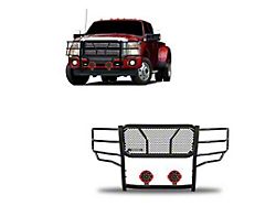 Rugged Heavy Duty Grille Guard with 7-Inch Red Round Flood LED Lights; Black (11-16 F-350 Super Duty)