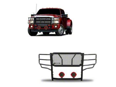 Rugged Heavy Duty Grille Guard with 7-Inch Red Round Flood LED Lights; Black (11-16 F-350 Super Duty)