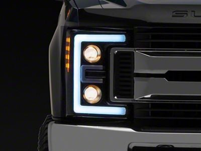 LED DRL Projector Headlights with Amber Corner Lights; Black Housing; Clear Lens (17-19 F-350 Super Duty w/ Factory Halogen Headlights)