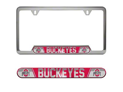 Embossed License Plate Frame with Ohio State University Logo; Red (Universal; Some Adaptation May Be Required)