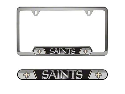 Embossed License Plate Frame with New Orleans Saints Logo; Black (Universal; Some Adaptation May Be Required)