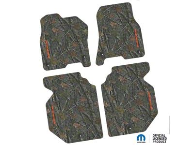 FLEXTREAD Factory Floorpan Fit Tire Tread/Scorched Earth Scene Front and Rear Floor Mats with Orange Big Horn Insert; Rugged Woods (19-24 RAM 1500 Crew Cab)