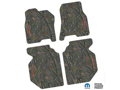 FLEXTREAD Factory Floorpan Fit Tire Tread/Scorched Earth Scene Front and Rear Floor Mats with Orange Laramie Insert; Rugged Woods (19-24 RAM 1500 Crew Cab)