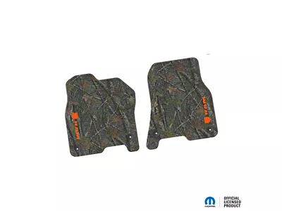 Factory Floorpan Fit Tire Tread/Scorched Earth Scene Front Floor Mats with Orange RAM Logo and Text Insert; Rugged Woods (19-24 RAM 1500)