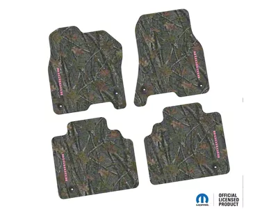 Factory Floorpan Fit Tire Tread/Scorched Earth Scene Front and Rear Floor Mats with Pink Bighorn Insert; Rugged Woods (19-24 RAM 1500 Quad Cab)