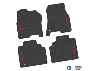 Factory Floorpan Fit Tire Tread/Scorched Earth Scene Front and Rear Floor Mats with Red Bighorn Insert; Black (19-24 RAM 1500 Quad Cab)