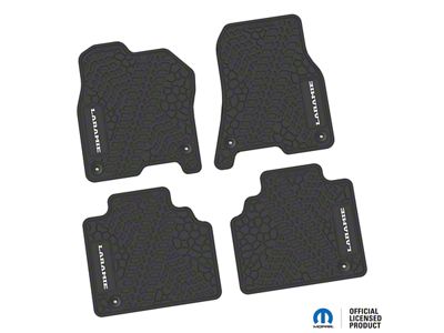 Factory Floorpan Fit Tire Tread/Scorched Earth Scene Front and Rear Floor Mats with White Laramie Insert; Black (19-24 RAM 1500 Quad Cab)