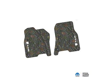 Factory Floorpan Fit Tire Tread/Scorched Earth Scene Front Floor Mats with White RAM Logo and Text Insert; Rugged Woods (19-24 RAM 1500)