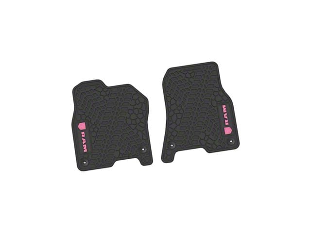 FLEXTREAD Factory Floorpan Fit Tire Tread/Scorched Earth Scene Front Floor Mats with Pink RAM Logo and Text Insert; Black (19-24 RAM 1500)
