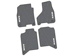 Factory Floorpan Fit Tire Tread/Scorched Earth Scene Front and Rear Floor Mats with White RAM Logo and Text Insert; Grey (19-24 RAM 2500 Crew Cab)