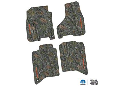 FLEXTREAD Factory Floorpan Fit Tire Tread/Scorched Earth Scene Front and Rear Floor Mats with Orange Big Horn Insert; Rugged Woods (19-24 RAM 2500 Crew Cab)