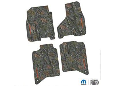 FLEXTREAD Factory Floorpan Fit Tire Tread/Scorched Earth Scene Front and Rear Floor Mats with Orange Laramie Insert; Rugged Woods (19-24 RAM 2500 Crew Cab)