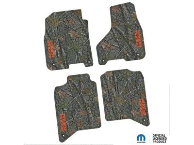 FLEXTREAD Factory Floorpan Fit Tire Tread/Scorched Earth Scene Front and Rear Floor Mats with Orange Power Wagon Insert; Rugged Woods (19-24 RAM 2500 Crew Cab)