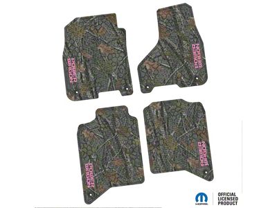 FLEXTREAD Factory Floorpan Fit Tire Tread/Scorched Earth Scene Front and Rear Floor Mats with Pink Power Wagon Insert; Rugged Woods (19-24 RAM 2500 Crew Cab)