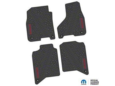 FLEXTREAD Factory Floorpan Fit Tire Tread/Scorched Earth Scene Front and Rear Floor Mats with Red Big Horn Insert; Black (19-24 RAM 2500 Crew Cab)