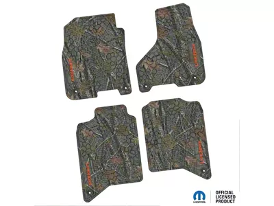 Factory Floorpan Fit Tire Tread/Scorched Earth Scene Front and Rear Floor Mats with Orange Longhorn Insert; Rugged Woods (19-24 RAM 3500 Crew Cab)