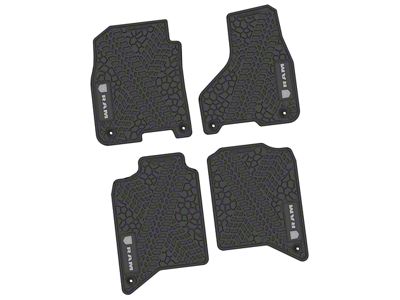 FLEXTREAD Factory Floorpan Fit Tire Tread/Scorched Earth Scene Front and Rear Floor Mats with Silver RAM Logo and Text Insert; Black (19-24 RAM 3500 Crew Cab)