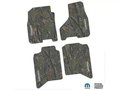 Factory Floorpan Fit Tire Tread/Scorched Earth Scene Front and Rear Floor Mats with White Longhorn Insert; Rugged Woods (19-24 RAM 3500 Crew Cab)