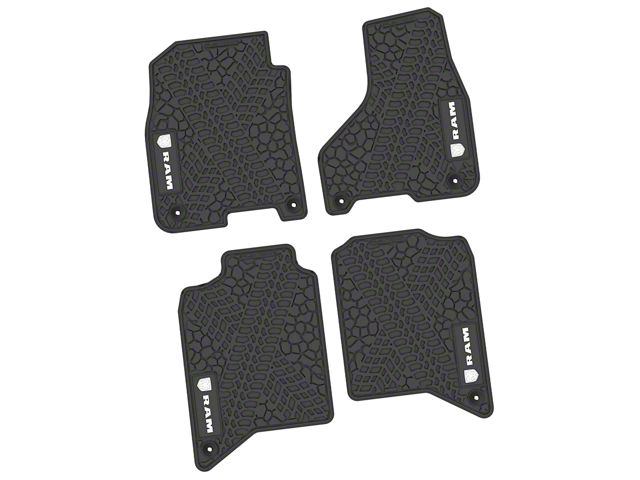 FLEXTREAD Factory Floorpan Fit Tire Tread/Scorched Earth Scene Front and Rear Floor Mats with White RAM Logo and Text Insert; Black (19-24 RAM 3500 Crew Cab)