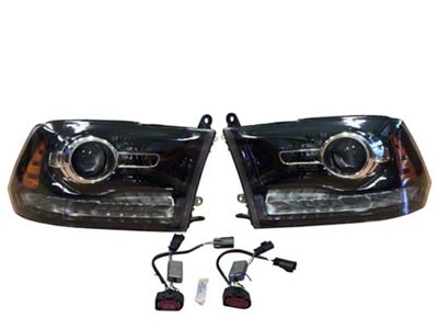 Infotainment Factory Projector LED BiHalogen Headlights; Black Housing; Clear Lens (13-18 RAM 1500 w/ Factory Halogen Quad Headlights)