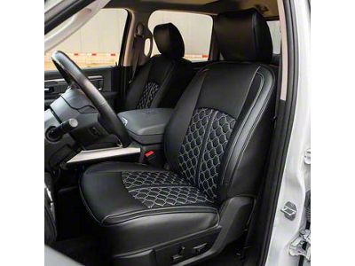 Premium Artificial Leather Front and Rear Seat Covers; All Black with White Stitching Honeycomb Accent (13-18 RAM 1500 Crew Cab w/ Bucket Seats, Excluding Laramie & Limited)