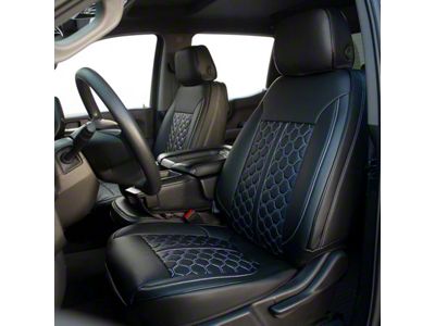 Kustom Interior Premium Artificial Leather Front Seat Covers; All Black with Honeycomb Accent (19-24 Silverado 1500 Double Cab, Crew Cab w/ Bench Seat)