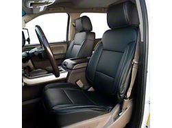 Kustom Interior Premium Artificial Leather Front and Rear Seat Covers; All Black with White Stitching (19-24 Silverado 1500 Double Cab, Crew Cab w/ Bucket Seats & w/o Rear Seat Armrest)