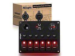6-Gang Toggle Rocker Switch Panel with Digital Voltmeter and Cigarette Socket Double USB Power Charger Adapter; Red LED (Universal; Some Adaptation May Be Required)