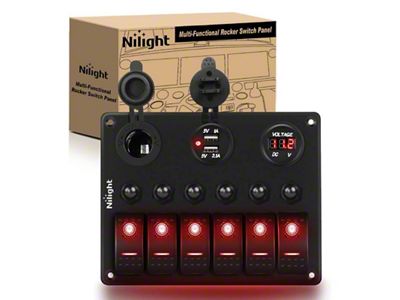 6-Gang Toggle Rocker Switch Panel with Digital Voltmeter and Cigarette Socket Double USB Power Charger Adapter; Red LED (Universal; Some Adaptation May Be Required)