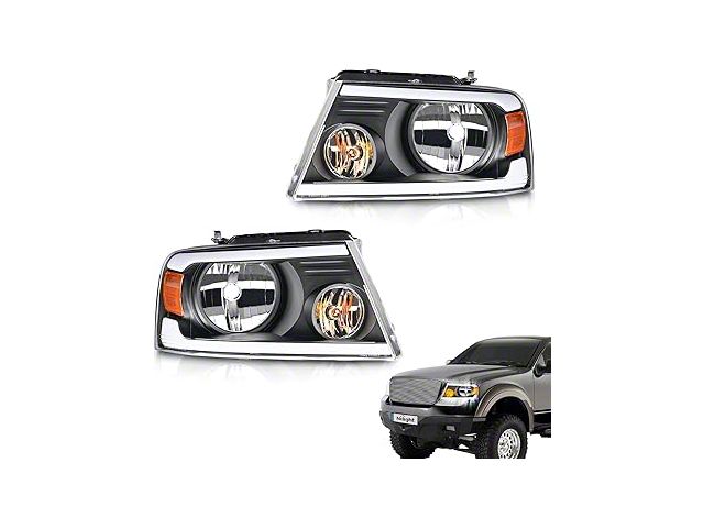 LED DRL Headlights with Amber Reflector; Black Housing; Clear Lens (04-08 F-150)