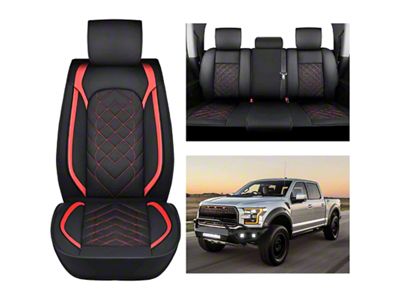 Waterproof Leather Front and Rear Seat Covers; Black and Red (09-24 F-150 SuperCrew)